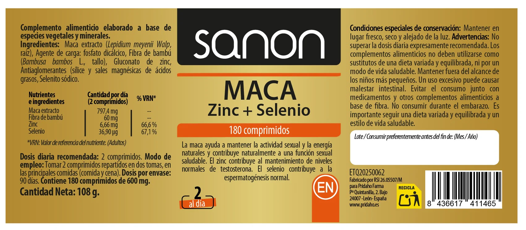 Maca, Zinc + Selenio · Sanon · 180 comprimidos - Image 2