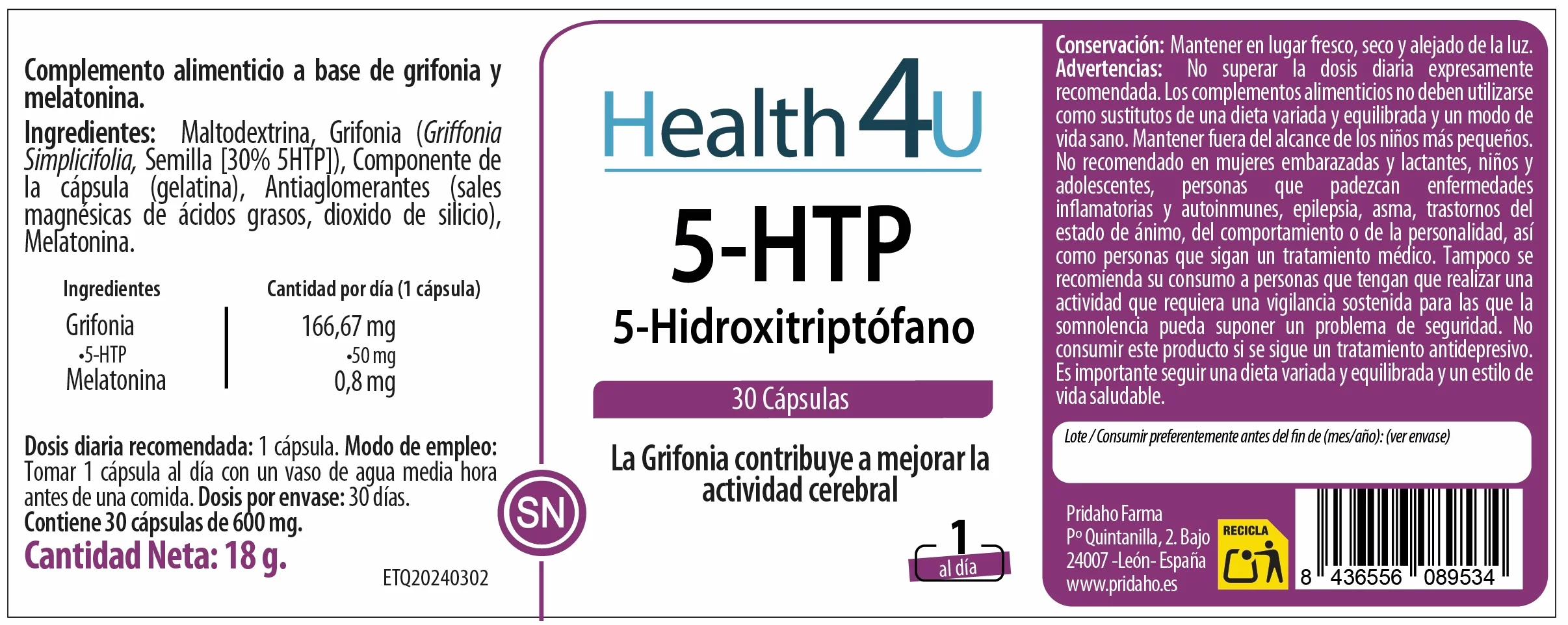 5-HTP · Health4U · 30 cápsulas - Image 2
